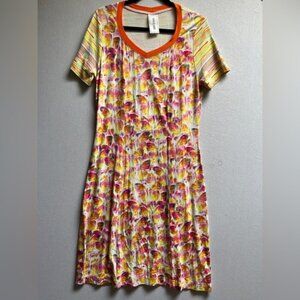 Eva & Claudi Colorful Butterfly Patterned Dress with Striped Sleeves Sz L